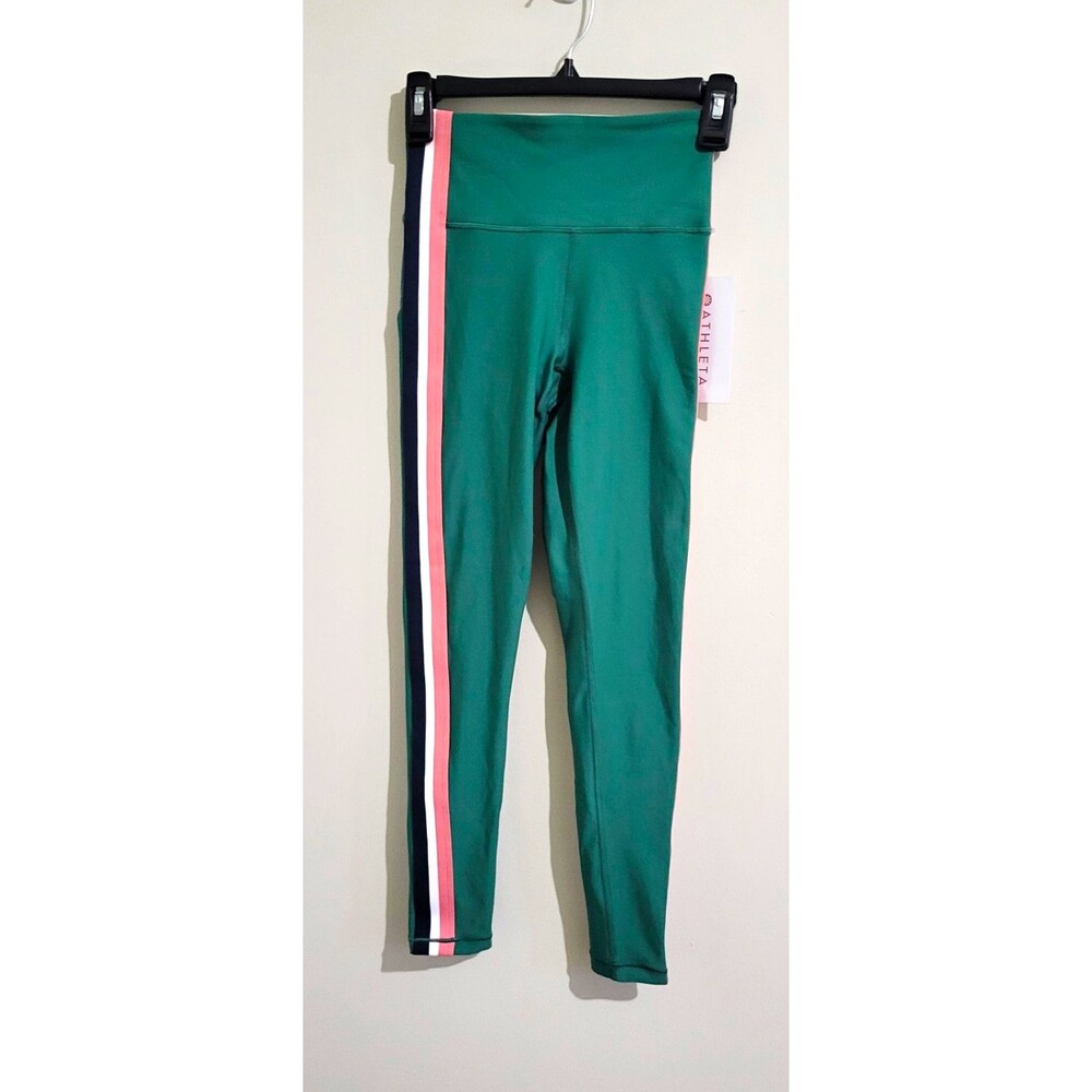 Athleta Interval Side Stripe Tight Leggings XS Regular High Rise Green Pink